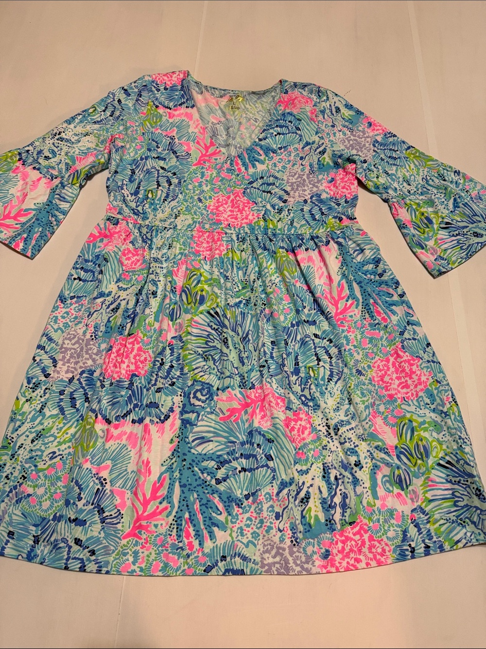 Lilly Pulitzer Jeannie V-Neck Floral Print Cotton Dress in Blue & Pink L NWT